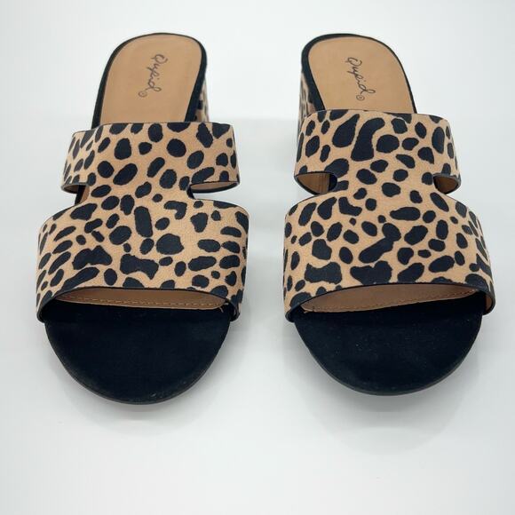 QUPID Leopard Print Cut-Out Slide Sandals Tan Black Block Heel Women's Size 7 - Picture 3 of 8